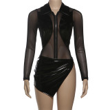 See Through Mesh Leather Patchwork Bodysuit Skirt Suit GZJQ-K25S85634