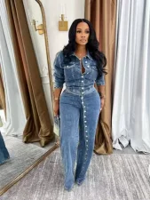 Single Breasted Washed Denim Two Piece Pant Set TK-6348