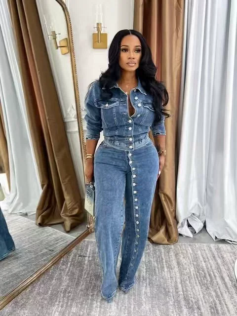 Single Breasted Washed Denim Two Piece Pant Set TK-6348