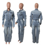 Fashion Denim Multi-pockets Wide Leg Jumpsuit LX-6073