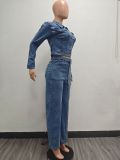 Single Breasted Washed Denim Two Piece Pant Set TK-6348