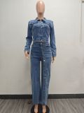 Single Breasted Washed Denim Two Piece Pant Set TK-6348