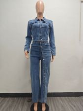 Single Breasted Washed Denim Two Piece Pant Set TK-6348