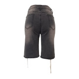  Ribbon-Tied Washed Denim Shorts BGN-360