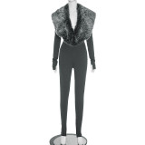 Deep V Neck Furrzy Neck Jumpsuit MXBF-Q25JP303