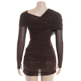 Slash Neck Mesh Ruched Mini Dress GAXB-D456DS