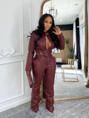 Casual PU Leather Two Piece Pant Set MEM-88674