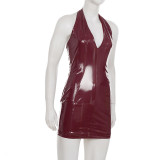 Leather Glossy V-Neck Bodycon Dress GPKJ-MR45060