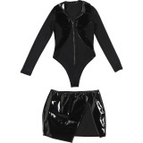 See Through Mesh Leather Patchwork Bodysuit Skirt Suit GZJQ-K25S85634