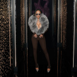 Deep V Neck Furrzy Neck Jumpsuit MXBF-Q25JP303