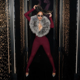 Deep V Neck Furrzy Neck Jumpsuit MXBF-Q25JP303