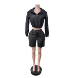 Leather Long Sleeve Hooded Two Piece Shorts Set MEM-88672