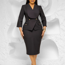 Plus Size Solid Color 3/4 Sleeve Midi Dress GATE-604