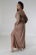 Deep V Neck Tie Up Split Maxi Dress XHXF-473