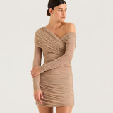 Slash Neck Mesh Ruched Mini Dress GAXB-D456DS