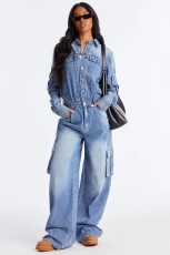 Fashion Denim Multi-pockets Wide Leg Jumpsuit LX-6073