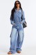 Fashion Denim Multi-pockets Wide Leg Jumpsuit LX-6073