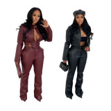 Casual PU Leather Two Piece Pant Set MEM-88674