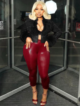 Furrzy Neck V-neck Leather Jackets CH-25063