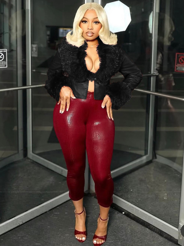 Furrzy Neck V-neck Leather Jackets CH-25063