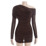 Slash Neck Mesh Ruched Mini Dress GAXB-D456DS