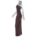 Tie Halterneck Pleated Wrap Chest Maxi Dress GJYO-JD303656