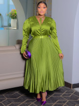 Plus Size Solid Color Tie Up Press Pleated Maxi Dress NNWF-8115