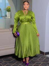 Plus Size Solid Color Tie Up Press Pleated Maxi Dress NNWF-8115