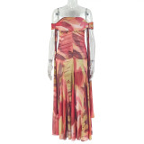 Print Ruched Slash Neck Maxi Dress GJYO-JD303580