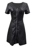 V Neck Zipper Faux Leather Mini Dress OMY-12023