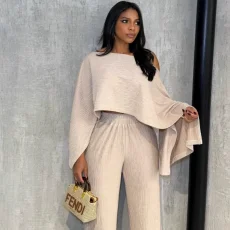 Irregular Slash Shoulder Tops Two Piece Pants Set GQZF-SH6585