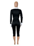 Fashion Patchwork Hollow Out Bodysuit Seventh Pant Suit SHD-9582