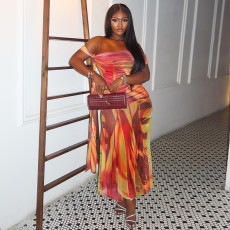 Print Ruched Slash Neck Maxi Dress GJYO-JD303580