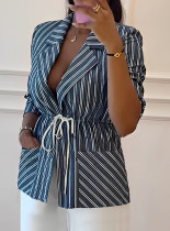 Stripe Print Tie Up Blazer Coat OMY-12008