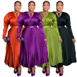 Plus Size Solid Color Tie Up Press Pleated Maxi Dress NNWF-8115