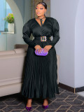 Plus Size Solid Color Tie Up Press Pleated Maxi Dress NNWF-8115