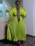 Plus Size Solid Color Tie Up Press Pleated Maxi Dress NNWF-8115