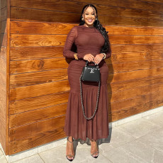 Solid Color Ruched Long Sleeve Maxi Dress GJYO-JD303290