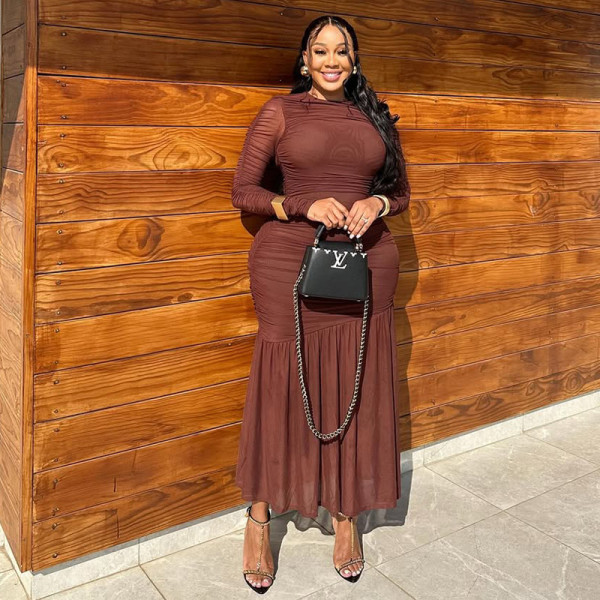 Solid Color Ruched Long Sleeve Maxi Dress GJYO-JD303290