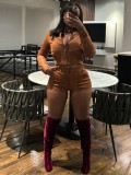 Solid Color Long Sleeve Velvet Short Set MEM-88673