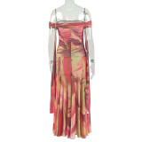 Print Ruched Slash Neck Maxi Dress GJYO-JD303580