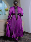 Plus Size Solid Color Tie Up Press Pleated Maxi Dress NNWF-8115