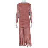 Solid Color Ruched Long Sleeve Maxi Dress GJYO-JD303290