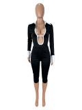 Fashion Patchwork Hollow Out Bodysuit Seventh Pant Suit SHD-9582