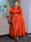 Plus Size Solid Color Tie Up Press Pleated Maxi Dress NNWF-8115