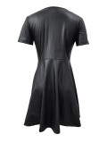V Neck Zipper Faux Leather Mini Dress OMY-12023