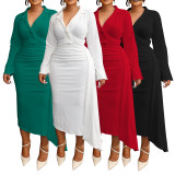 Plus Size V Neck Irregular Solid Color Long Dress NNWF-8136