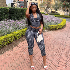 Polka Dot Print Halterneck Tops Tight Pants Suit GJYO-JS919136