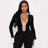 Fashion Patchwork Hollow Out Bodysuit Seventh Pant Suit SHD-9582