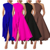 Plus Size Solid Color Slash Neck Long Dress NNWF-6105